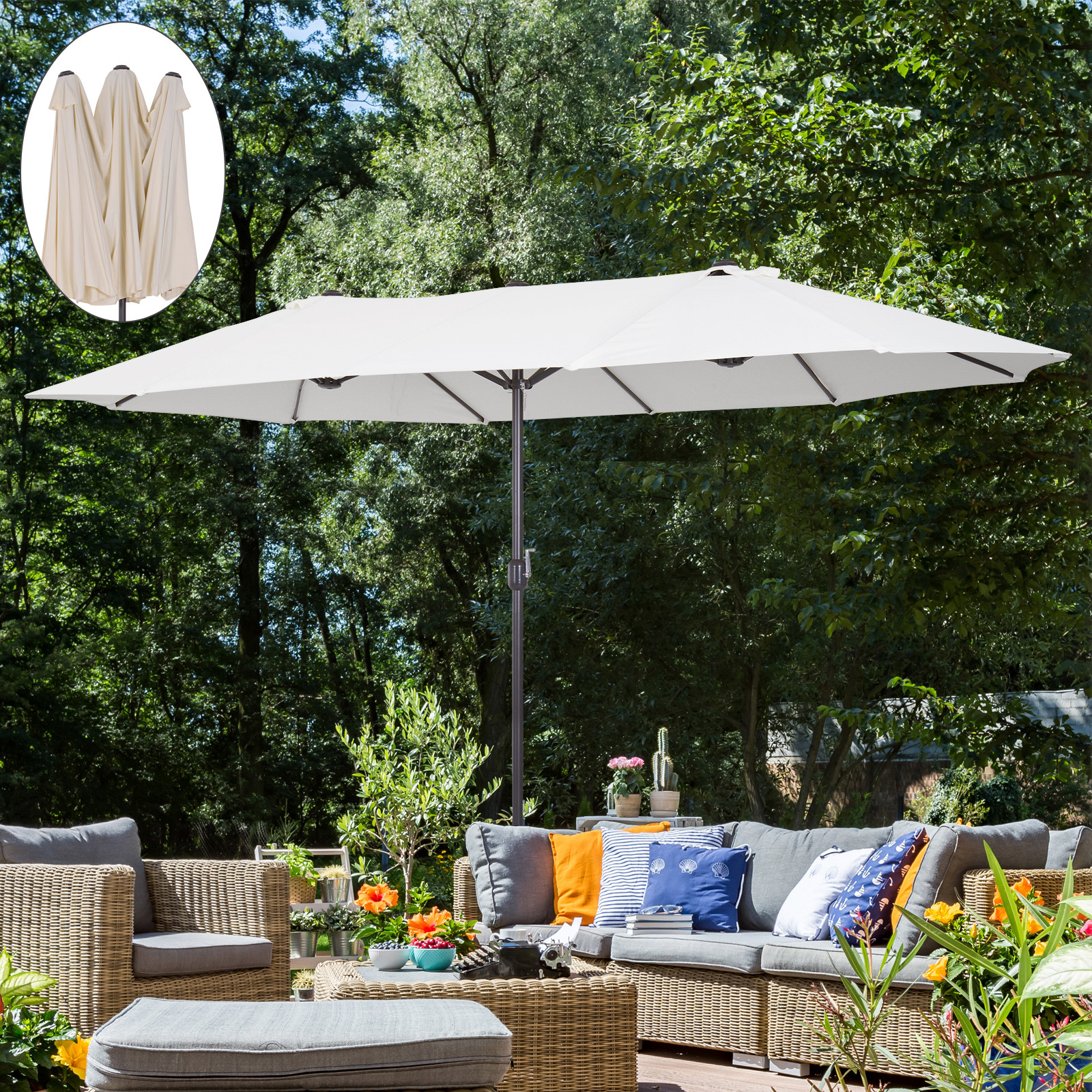 Outsunny Outsunny Parasol Przeciwsłoneczny Ogrodowy z Korbką Ręczną Owalny Metal + Poliester Kremowo-biały 460 X 270 X 240 cm