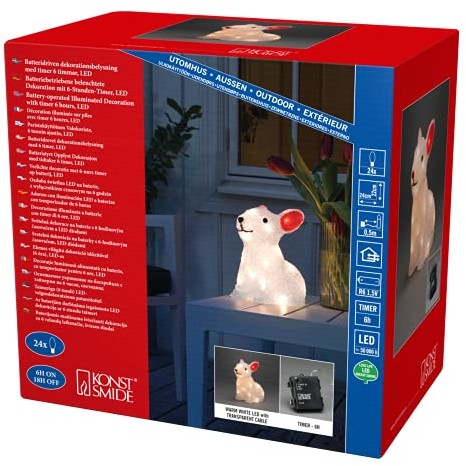 Konstsmide Konstsmide Akrylowy królik LED 6h/9h timer, 24 diody w kolorze ciepłej bieli, na baterie, na zewnątrz, 0,48 W, przezroczysty kabel, bateria: 4 x AA 1,5 V (z wyłączeniem) 6236-103
