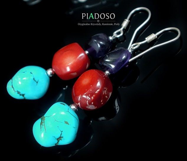 Arande PIĘKNE KOLCZYKI NATURALNE KAMIENIE KORALE SREBRO