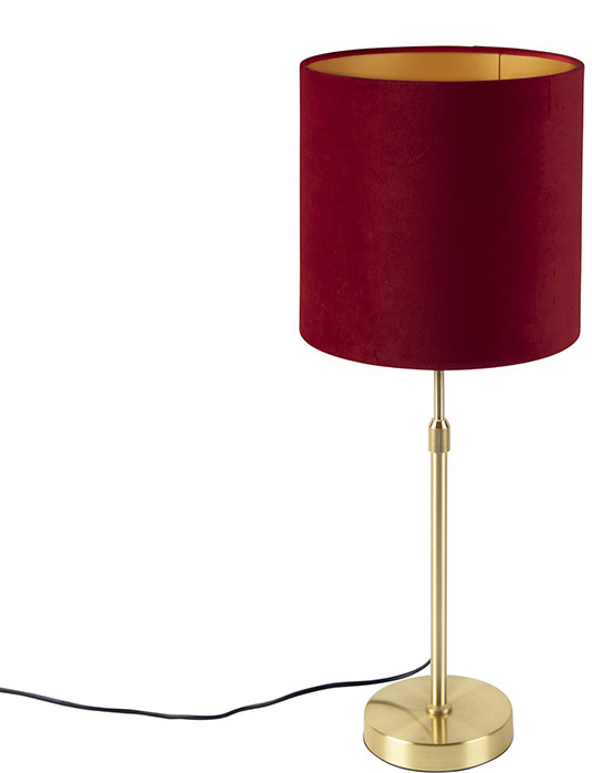 QAZQA Lampa stołowa regulowana złota/mosiądz klosz welurowy czerwony 25cm - Parte
