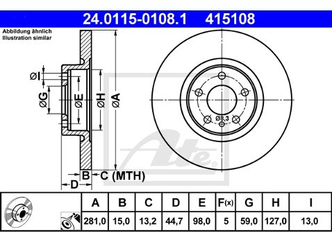 ATE TARCZA HAM 24.0115-0108.1 ALFA 147 1.6 16V T.S, 2.0 16V T.S 01-, 156 1.9JTD 00-01  24.0115-0108.1