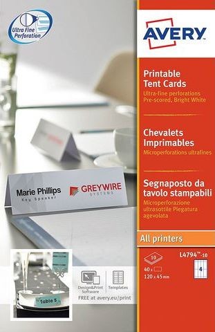 Staples Staples AVERY Stojące identyfikatory imienne biały A4 120x45 mm 40 identyfikatorów 10 arkuszy AV4794