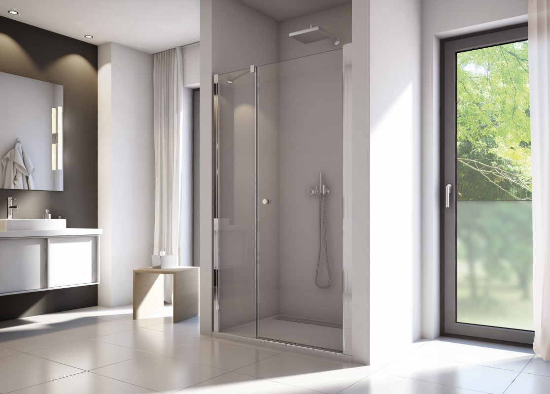 Ronal Sanswiss Sanswiss Solino Drzwi prysznicowe uchylne 120x200 cm ze ścianką stałą profile srebrny połysk szkło przezroczyste Aquaperle SOL3112005007