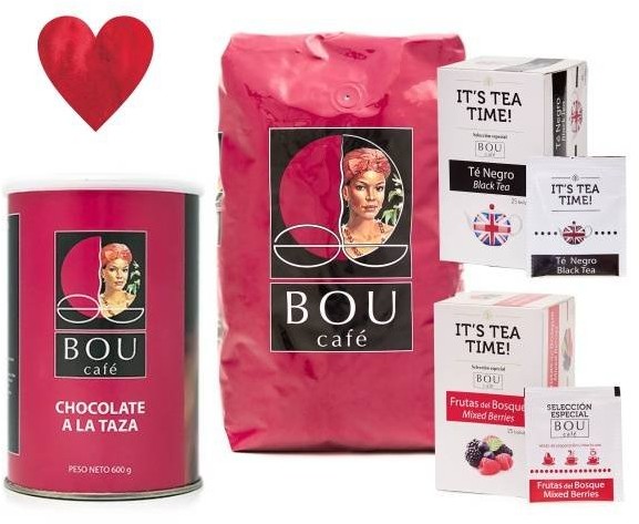 BOU Cafe MEGA Zestaw prezentowy BOU Czekolada Criollo + kawa Bou Crema +  2 Herbaty It´s Tea Time by BOU Cafe: owoce leśne + czarna herbata