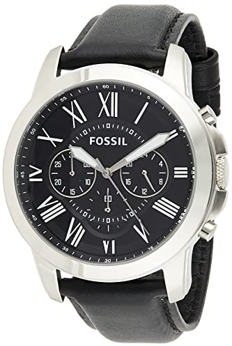 Fossil Zegarek męski Grant, rozmiar koperty, mechanizm chronografowy kwarcowy, pasek z prawdziwej skóry, czarny i srebrny, One Size, Taśma