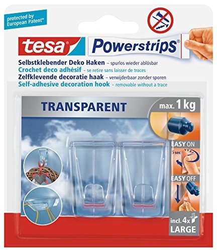 Tesa Powerstrips Deco haczyki duże, przezroczyste, maks. 1 kg, w opakowaniu 2 haczyki + 4 taśmy Powerstrips, przezroczysty