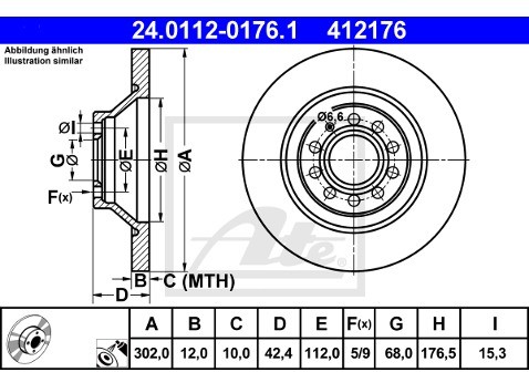 ATE TARCZA HAM 24.0112-0176.1 AUDI A6 ALLROAD 2.7TDI QUATTRO, 3.0TDI QUATTRO 06-  24.0112-0176.1