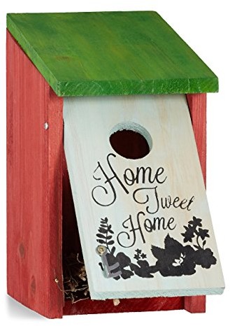 Relaxdays skrzynia na gniazda, małe ptaki, napis HOME TWEET HOME, drewno, zawieszana, dekoracja, wys. : 21,5 x 12 x 15,2 cm, czerwono-zielony
