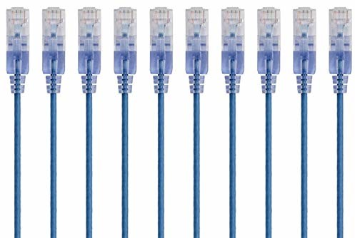 Monoprice SlimRun Cat6A Ethernet Patch Cable - Network Internet Cord - RJ45, Stranded, 550Mhz, UTP, Pure Bare Copper Wire, 10G, 30AWG, 1ft, Blue, 10-Pack