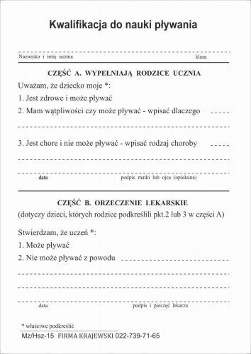 Firma krajewski Kwalifikacja do nauki pływania [Mz/Hsz-15] Mz/Hsz-15