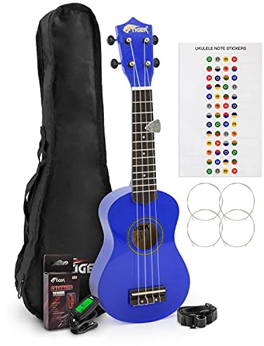 TIGER Tiger UKE7 ukulele sopranowe dla początkujących zawiera tuner chromatyczny T-47, pasek, torbę, filcowa kostka, zapasowy zestaw strun, idealny plecak szkolny - niebieski UKEKIT-BL