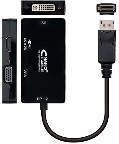 NANOCABLE Nanocable 10.16.3301-BK - Konwerter DisplayPort do SVGA/DVI/HDMI, 3 w 1, DP1.2/M-VGA/H-DVI/M-HDMI/H 4K, 15 cms 10.16.3301-BK