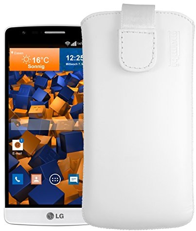 Mumbi Etui z prawdziwej skóry kompatybilne z LG G3s (nie LG G3), (klapka z funkcją wyciągania), białe LG G3 s