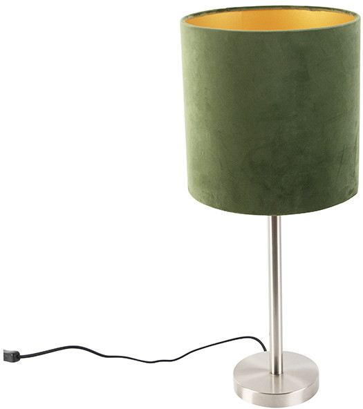 QAZQA Lampa stołowa stal klosz welurowy zielono-złoty 25cm - Simplo