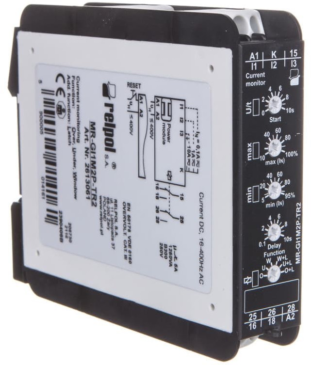 Relpol Przekaźnik kontroli prądu 1-fazowy 2P 5A 12-400V AC 0,1-1-10A AC/DC MR-GI1M2P-TR2 2613061