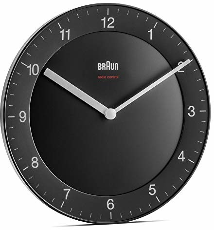 Braun klasyczny radiowy zegar ścienny do strefy środkowej Europy (MEZ/GMT+1) z cichym mechanizmem zegarowym, czytelny cyferblat o średnicy 20 cm w kolorze czarnym, model BC06B-DCF BC06B-DCF