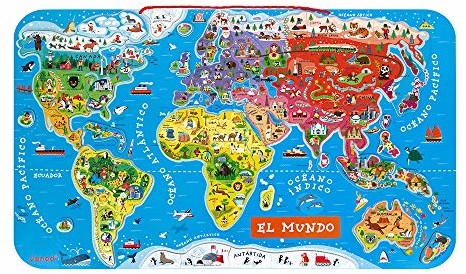 Janod Puzzle magnetyczna mapa świata z drewna, 92 części, hiszpańskie J05503