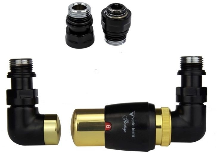 Vario Term Zawór termostatyczny trójosiowy Vision GLAMOUR ze złączką - prawy instalacja 1/2 - złączka z gwintem zewnętrznym GZ1/2 czarny mat ze złotem VIGS0223CFK/P(GZ1/2)