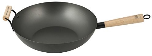 H+H H & H Alessandro Borghese, patelnia-wok z powłoką zapobiegającą przywieraniu, z uchwytem i uchwytem wykonana z drewna, 35 cm, żelazo, czarny 8003512586798