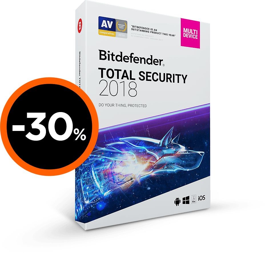 BitDefender Total Security 2018 Ochrona dla urządzeń z systemem Windows, Mac OS, iOS i Android
