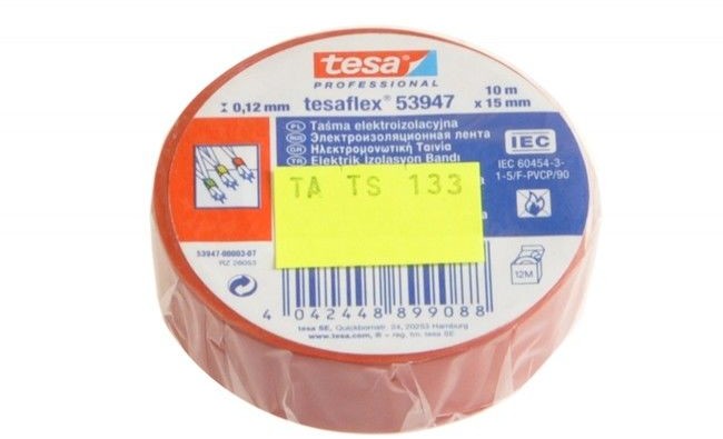 Tesa Taśma elektroizolacyjna 5000V PVC czerwona, długość 10 m, szerokość 15 mm (53948-00033-25)
