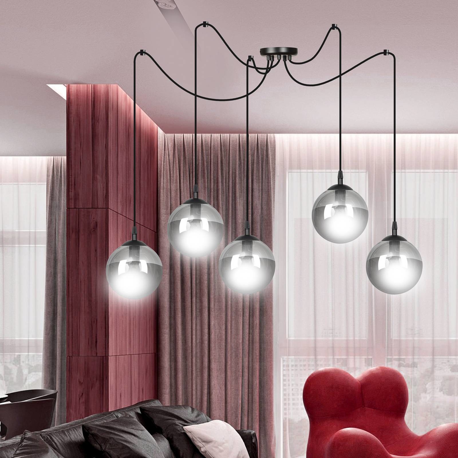 EULUNA Lampa wisząca Glassy 5-pkt. decentralna, grafitowa