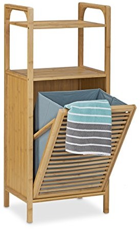 Relaxdays Regał do łazienki firmy , z koszem na brudną bieliznę, wykonany z bambusa HBT 95 x 40 x 30 cm, szafka łazienkowa z 2 półkami na akcesoria łazienkowe, jako pojemnik na pranie z rozkładanym wor 10020310