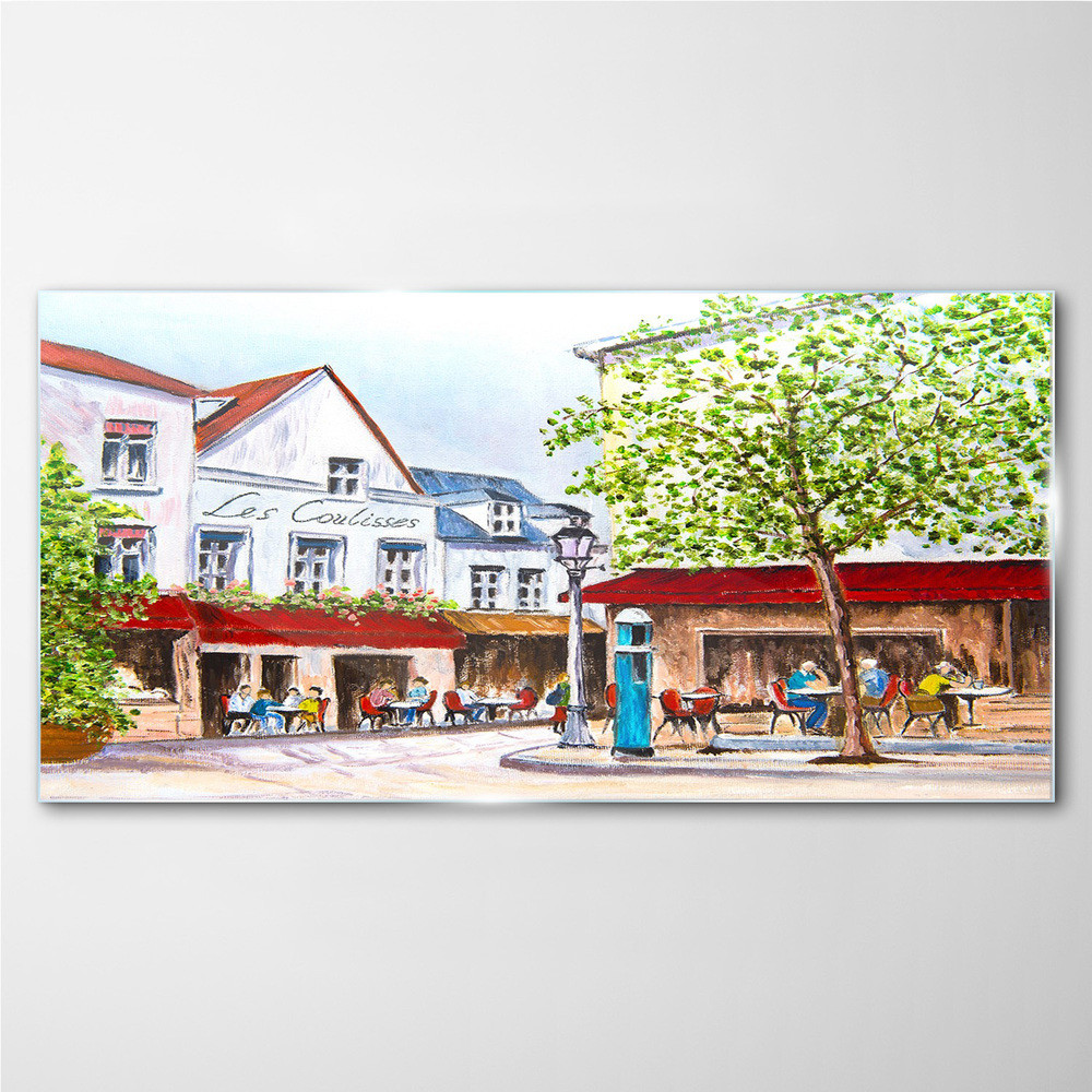PL Coloray Obraz na Szkle Miasto Kawiarnia Drzewo 140x70cm