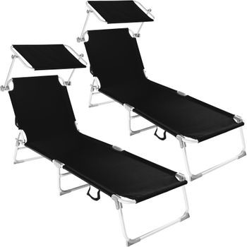 TecTake 2 x Aluminiowy leżak ogrodowy plażowy z daszkiem 4 pozycje czarny 401549