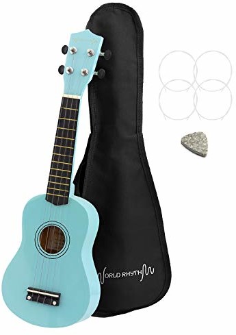 World Rhythm World Rhythm Ukulele sopranowe - początkujący Uke sopranowe w jasnoniebieskim wykończeniu z workiem na Gig Bag, zapasowe struny do ukulele i kostki filcowej WR-306 WR-306