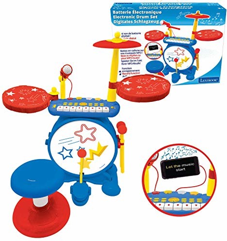 Lexibook Elektroniczny zestaw perkusyjny dla dzieci, zabawka muzyczna, realistyczny dźwięk perkusji, 8-klawiszowa klawiatura, wtyczka MP3, siedzenie w zestawie, kolor niebieski/czerwony, K610 -
