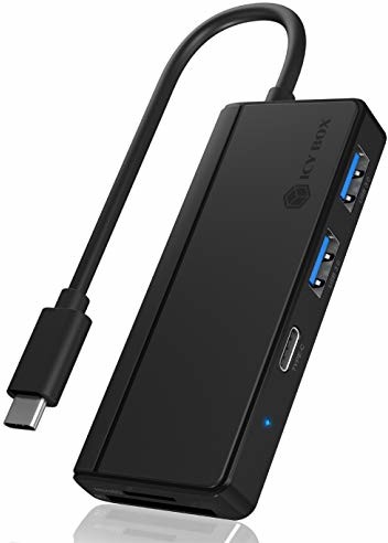 Icy Box Hub USB-C z czytnikiem kart (SD, microSD) i 3 portami USB 3.0 (1 USB-C, 2 USB-A), wbudowanym kablem, czarny 60796