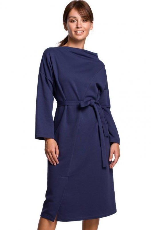 SukienkiShop Bawełniana sukienka dzianinowa z paskiem asymetryczny dekolt niebieska - SukienkiShop