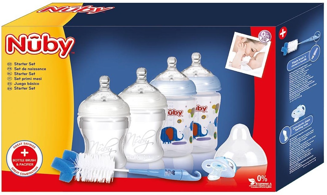 Babymoov Nuby, Butelki, Niebieski, 2x150 ml, 2x 270ml, Smoczek, Szczotka do mycia butelek, Zestaw