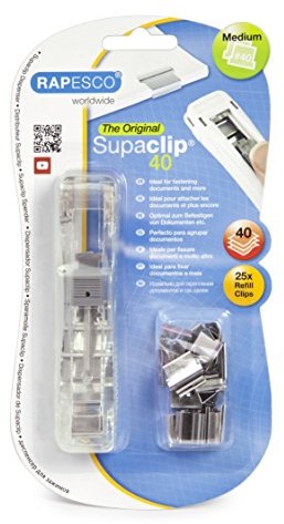 Rapesco Supaclip Pojemność 40 kartek - Transparentny Dozownik + 25 Klipów ze Stali Nierdzewnej RC4025SS