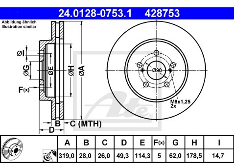 ATE TARCZA HAM 24.0128-0753.1 LEXUS RX 300 03-, 400H FWD 05-, 400H 04- PRZÓD  24.0128-0753.1