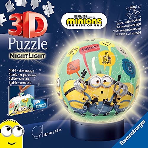 Ravensburger PUZZLE 3D Puzzle 11180 - Nachtlicht Puzzle-Ball Minions - 72 Teile - ab 6 Jahren, LED Nachttischlampe mit Klatsch-Mechanismus: Erlebe Puzzeln in der 3. Dimension 11180