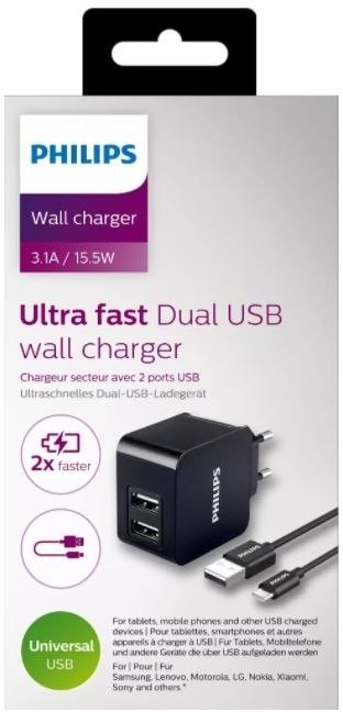 Philips Ładowarka 5V/3.1A 15.5W USB Type C (z kablem USB Type C) Phil-DLP2307A/12