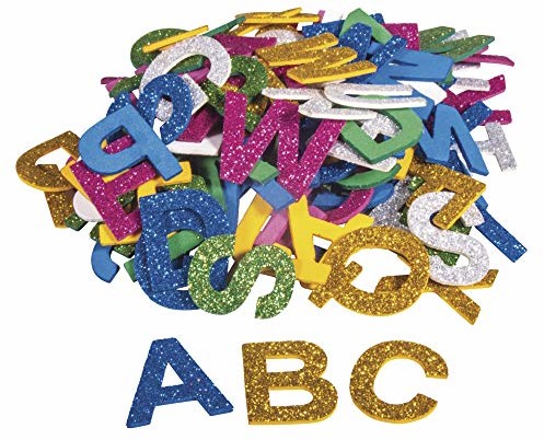 Rayher 30227000 pianka gumowa alfabet, brokat, 3 cm, 130 sztuk, samoprzylepne, kolory mieszane, brokatowe naklejki piankowe, naklejka z gumy porowatej, ABC, do dekoracji