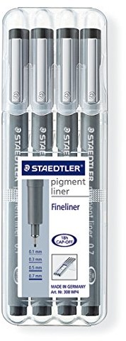 Staedtler 308 WP4 Pigment liner Czarny, 4 sztuki w możliwości instalacji Staedtler-Box | różne szerokości linii, czarny ST32672