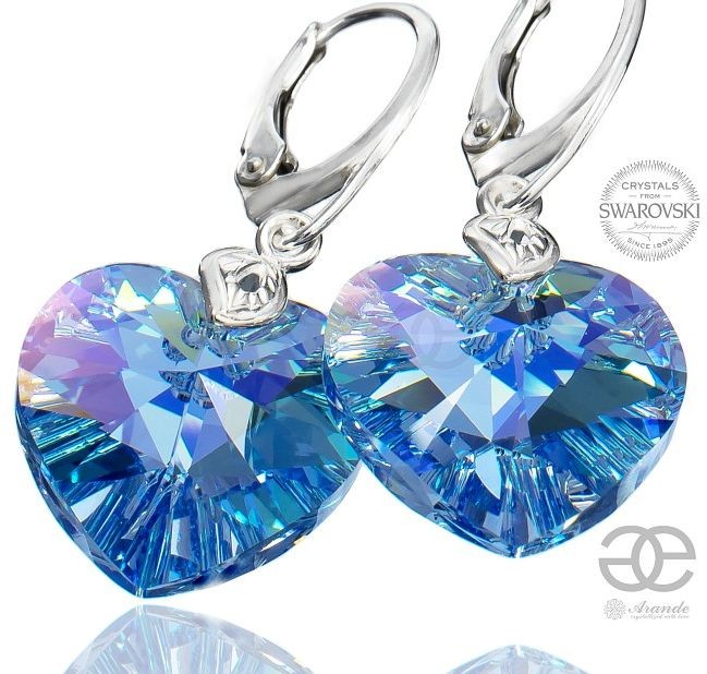 Swarovski duże serca kolczyki niebieskie SAPPHIRE HEART SREBRO