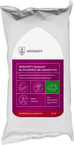 Chusteczki do dezynfekcji rąk i powierzchni użytkowych na bazie alkoholu z dodatkiem gliceryny - duża skuteczność i wygodne opakowanie (Medisept Wipes 0000003020