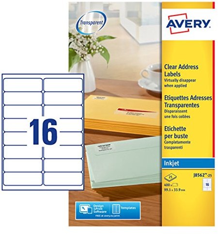 Avery J8562 25 etykiety adresowe 16 Pro arkuszy 99,1 X 33,9 MM 400 sztuk przezroczysty J8562-25