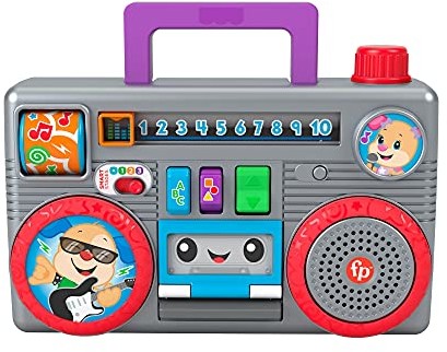 Fisher Price Price The Price Laugh & Learn Busy Boombox - angielska edycja w Wielkiej Brytanii, inspirowana retro muzyką zabawka do aktywności dla niemowląt z treściami do nauki dla niemowląt i małych dzieci GYC18