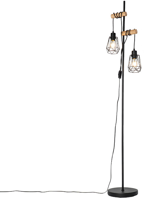 QAZQA Rustykalna lampa podłogowa czarna drewno 2-źródła światła - Dami Frame