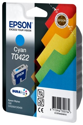 Epson Wyprzedaż Oryginał Tusz Epson T0422 do Epson Stylus CX-5200 CX-5400 C82 | 16 ml | cyan pudełko zastępcze oryginalny airbag/folia C13T04224010_BP_wyp