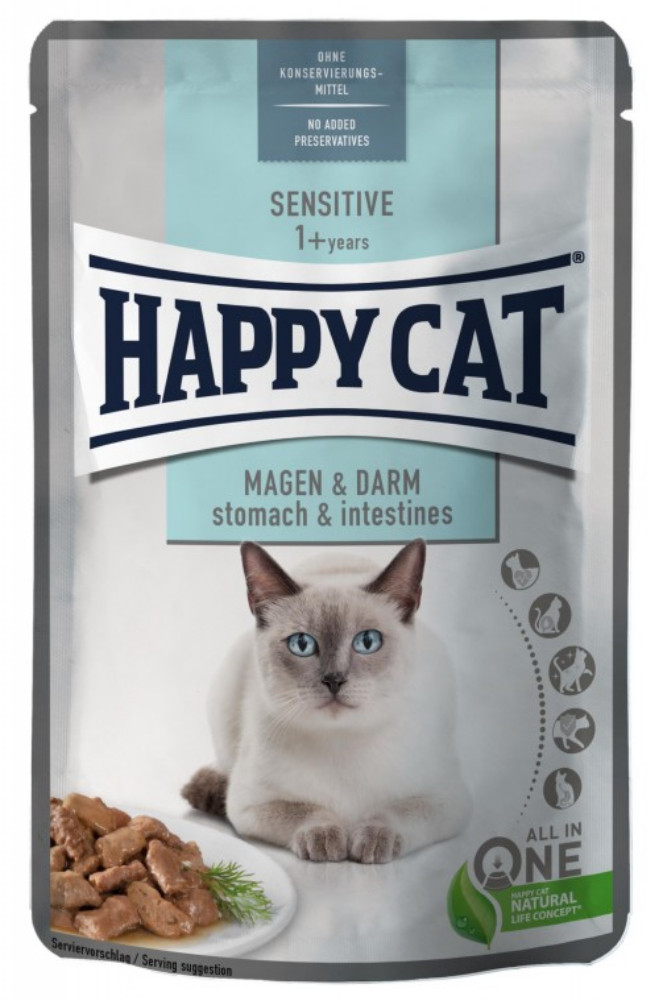 HappyCat Sensitive Meat in Sauce Stomach & Intestines, mokra karma, dla kotów dorosłych o wrażliwym układzie pokarmowym, kurczak, 85 g, s