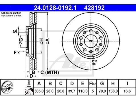 ATE TARCZA HAM 24.0128-0192.1 ALFA 159 1.9JTDM 16V, 1.9JTS, 2.2JTS 05-  24.0128-0192.1