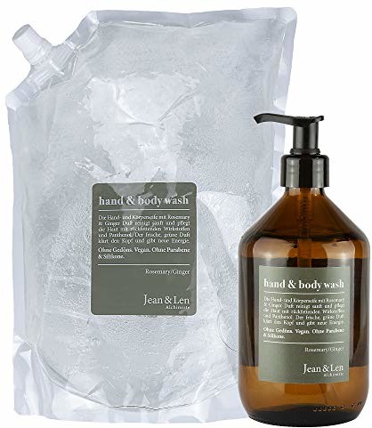 Jean & Len Hand & Body Wash Rosemary & Ginger w szklanej butelce + opakowanie uzupełniające 1,5 l do 3 x uzupełniania, mydło do rąk jako ochrona i higienicznie czyste ręce