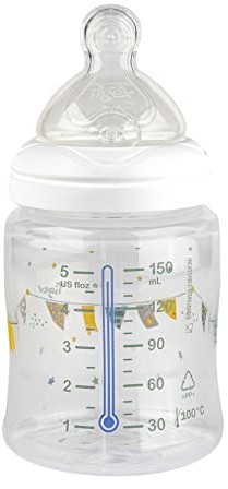 Tigex Tigex Transition+ butelka dla niemowląt z alarmem o temperaturze | 0-6 miesięcy | 150 ml | smoczek silikonowy | antykolkowy | Wolny od BPA | żółty i szary pasek